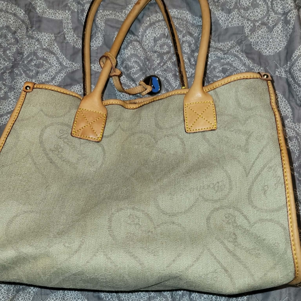 Leather-Trim Canvas Tote Bag in Light Olive with Tan Handles